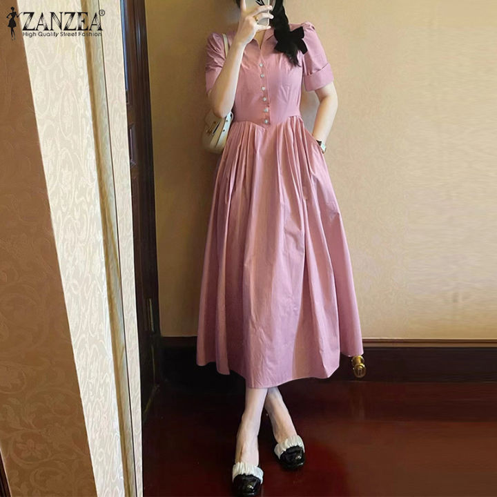 สินค้ามาใหม่-จัดส่งฟรี-fancystyle-zanzea-เสื้อสไตล์เกาหลีของผู้หญิงแบบเปิดลงปกเสื้อเดรสลำลองจับจีบชุดเดรสเข้ารูป-10