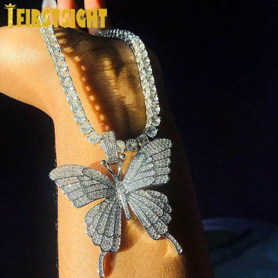 Gold Silver Color Zirconia Paved Bling Ice Out Butterfly Pendants Necklaces CZ Tennis Chain for Men Women Hip Hop choker Jewelry