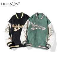 【Huieson】เสื้อแจ็คเก็ตหนังนิ่มปักตัวอักษร,เสื้อแจ็คเก็ตปกตั้งเครื่องแบบเบสบอลใส่ได้ทั้งชายและหญิง