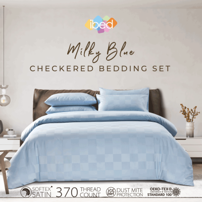ibed ชุดผ้าปูที่นอนครบเซ็ท Softex Satin (ลายตาราง) Milky Blue 3.5 ฟุต,5 ฟุต,6 ฟุต - CHECKERED COLLECTION