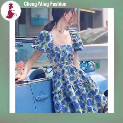 Cheng Ming ชุดเดรสผู้หญิงแขนสั้น,ชุดกระโปรงลายสั้นลายดอกไม้คอจีนแขนพองเดรสเอวสูง