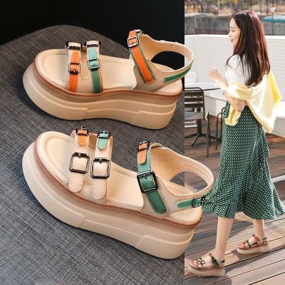 Thick-soled sandals womens 2023 new summer one-word belt all-match leather matching fashion casual sponge cake Roman