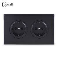 【New arrival】 Coswall แผงอลูมิเนียมสีดำสุดหรู16A Double EU Standard Wall Power Socket ต่อสายดินพร้อมล็อคป้องกันเด็ก146 Type