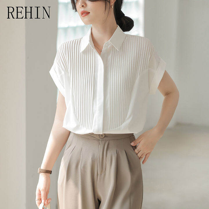 rehin-สีขาวเสื้อเชิ้ตเสื้อผู้หญิง-สไตล์ฤดูร้อนสดใสเรียบง่ายสวมใส่ได้หลายโอกาสการออกแบบที่ไม่เหมือนใครเสื้อหรูหราแขนสั้น