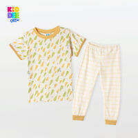 KiddeeCrew ชุดนอนเด็กครีมเหลืองหยดน้ำ+กางเกงตาราง Cream yellow pajamas + grid pants เหมาะสำหรับเด็ก 2-12 ปี