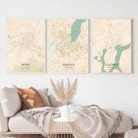 ภาพวาดผ้าใบ Vintage City Maps สำหรับตกแต่งบ้าน-Bern Switzerland, Geneva,ลูกาโน,St Gallen, Zurich - Unframed