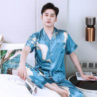 Spring Summer Print Satin Silk Pajama Sets Casual Loose Home Clothes For Men 2Piece Set Lovers Women Dressing Gown Home Bathrobe