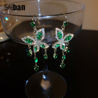 Saiban925 เงินเข็มเพชรผีเสื้อต่างหูสแควร์เรขาคณิต Retro สีเขียวต่างหูพู่อารมณ์Earrings925 Silver Needle Diamond Butterfly Earrings Square Geometric Retro Green Stud Earrings Tassel Temperament Earrings