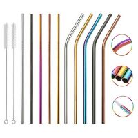 Metal Colorful Reusable Stainless Steel Straw Straight Bent Drinking Straw Milk Drinkware Party Bar Accessory With Cleaner Brush