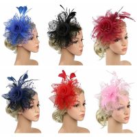 BUUXIAA อุปกรณ์ตกแต่งผม Fascinators ผม ค็อกเทล ดอกไม้ตาข่าย กิ๊บติดผมขนนก หมวก fascinator ที่คาดผมงานเลี้ยงน้ำชา ที่คาดผม ALICE