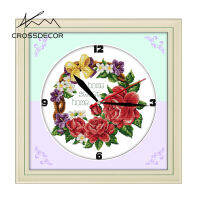 CrossDecor นาฬิกาชุดปักครอสติชชุดรูปแบบและชุด DMC เส้นด้ายสีสำหรับหัตถกรรมรูปแบบประทับในผืนผ้าใบ DIY หัตถกรรมห้องตกแต่งบ้านจอแสดงผล Sala-กุหลาบพวงมาลัย