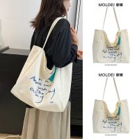 Summer large-capacity commuter tote bag female 2023 new white casual college students class alphabet canvas bag 【BYUE】