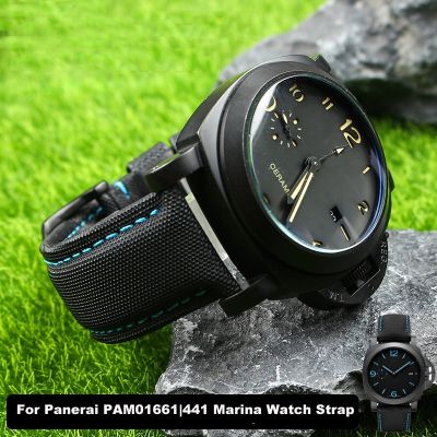 สายนาฬิกาข้อมือหนังไนลอนสำหรับ PAM01661 Panerai | 441สายนาฬิกามาริน่าสีดำสีน้ำเงิน22มม. 24มม. 26มม. อุปกรณ์เสริมสายรัด