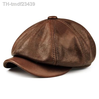 ◄✔ Hats Men 2023 Leather Warm Cap Male Beret Painter Boina Cowhide Octagonal Casquette Streetwear