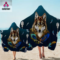 Royal Wolf Blue by Ismot Esha Hooded Towel Colorful Feather Bath Towel With Hood Wild Animal Tribal Wearable Towel Beach Blanket