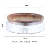 Wooden Tray, Glass Bowl, Nut, Fruit Food Container, Grain Jar, Double Layer Candy Jar with Wooden Lid, Household Snack Plate