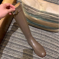 Women Knee High Boots Riding Warm Female Thick High Heels Motorcycle Boots Punk Shoes Woman Grey Brown Classic metal buckle