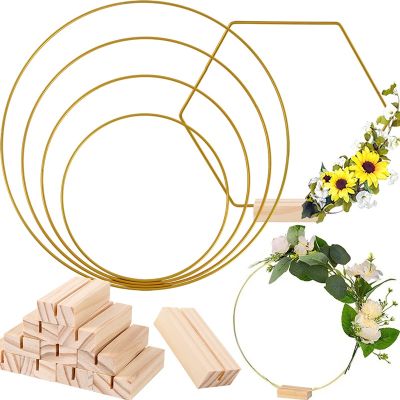 20-35cm Wedding Wreath Metal Ring With Wooden Holder Round Catcher Flower Hoop For Birthday Christmas Party Table DIY Decoration