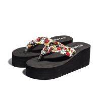 Summer Platform Heel Flip Flops for Women Wedged Floral Printed Solid Black Cloth Fabric Outdoor Beach Slides Sandals