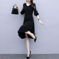 [COD] 2022 autumn new plus size womens temperament mid-length lace long-sleeved dress slimming bottoming