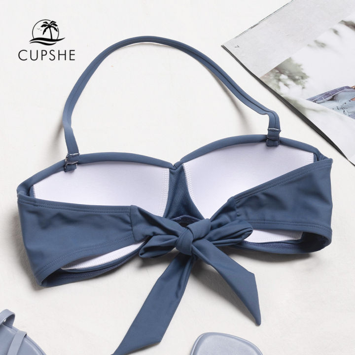 cupshe-push-up-bandeau-halter-bikini-top-only-for-women-blue-molded-cups-tie-top-swimwear-2022-separate-swimsuit-beachwear