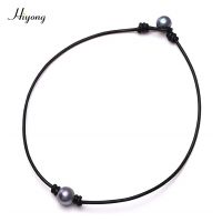 HIYONG Single One Black Cultured Pearl Choker Necklace on Genuine Leather Cord Handmade Jewelry for Women Girls Gift