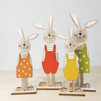 2 Pcs Easter Wooden Rabbit Ornaments Stand Up Plaques Cute Cartoon Bunny Decoration Figurines Nordic Style Decor
