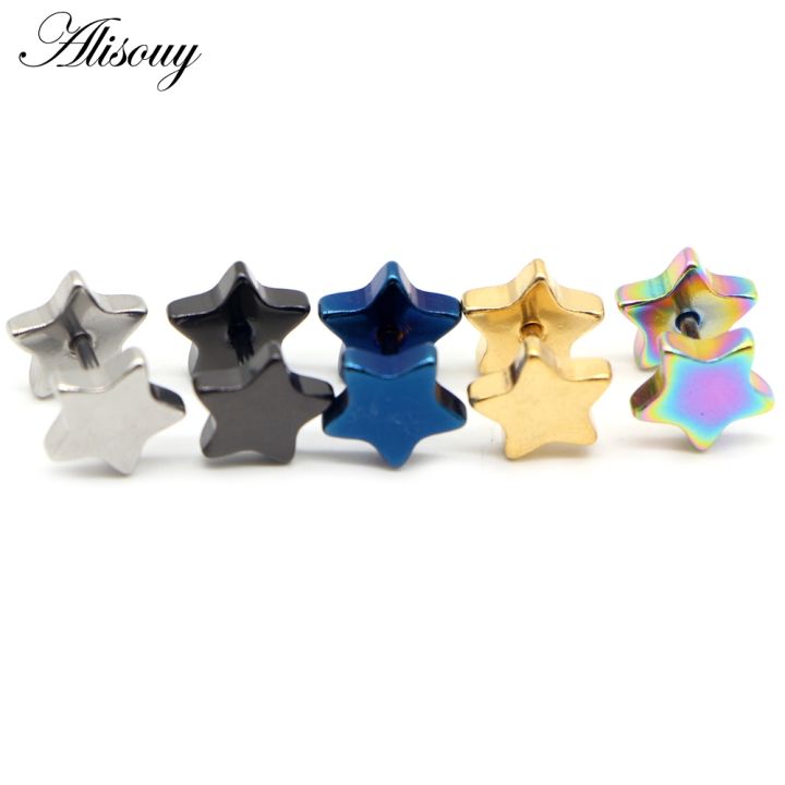 alisouy-2pcs-new-unisex-stainless-steel-barbell-ear-stud-classic-five-pointed-star-earrings-screw-back-ear-piercing-body-jewelry