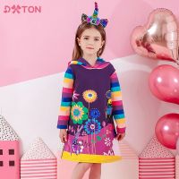 DXTON Girls Dresses Hoodies Flower Print Vestidos Long Sleeve Autumn Winter Striped Cotton Clothes Kids Hooded Dresses For Girl