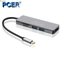 ฮับ USB-C PCER Type C เพื่อ USB 3.0 Type C ไปยังหัวแปลงสัญญาณ HDMI SD/บัตร TF แผงตัวอ่าน Type-C Converter 5 In 1 Thunderbolt 3 Meimiao