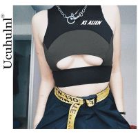 [A LIKE] 2021ฤดูร้อนผู้หญิงฟิตเนส Tankbra คอเต่าแขนกุด Hollow Out Patchwork Cropletter พิมพ์ Sportswea เสื้อผ้า Tops