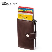 BISI GORO PU Leather Purse Hasp Design Women Card Holder Case Protect Smart Wallet For Men Metal Slim RFID Blocking Aluminum Box