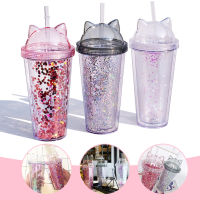 [High-End ถ้วย] 420Ml หูแมวขวดน้ำสำหรับสาวเลื่อม BPA ฟรี Double Wall Tumbler ฟาง Reusable Smoothie ถ้วย Drinkware Wzpi