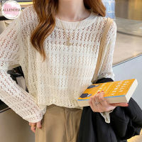 Women Hollow Knitted Sweater Summer Loose Bottoming Shirt Long Sleeve Round Neck Pullover Tops