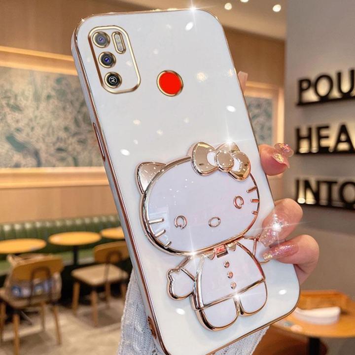 folding-makeup-mirror-phone-case-for-infinix-tecno-spark-6-air-tecno-spark-5-air-ke6-ke6j-kf6-kd6a-case-fashion-cartoon-cute-cat-multifunctional-bracket-plating-tpu-soft-cover-casing