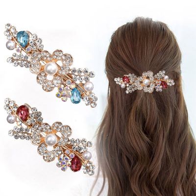 Korean Pearl Amethyst Hair Clips for Ladies Crystal Bow Pearl Flowers Hair Accessories All Match with Top Headdress