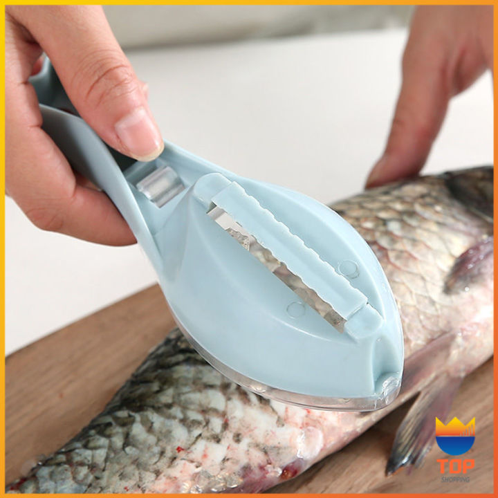 top-ที่ขูดถอดเกล็ดปลา-อุปกรณ์ครัว-มีกล่องเก็บเกล็ดปลาไม่ให้เลอะ-ของใช้ภายในครัว-fish-scale-scraper