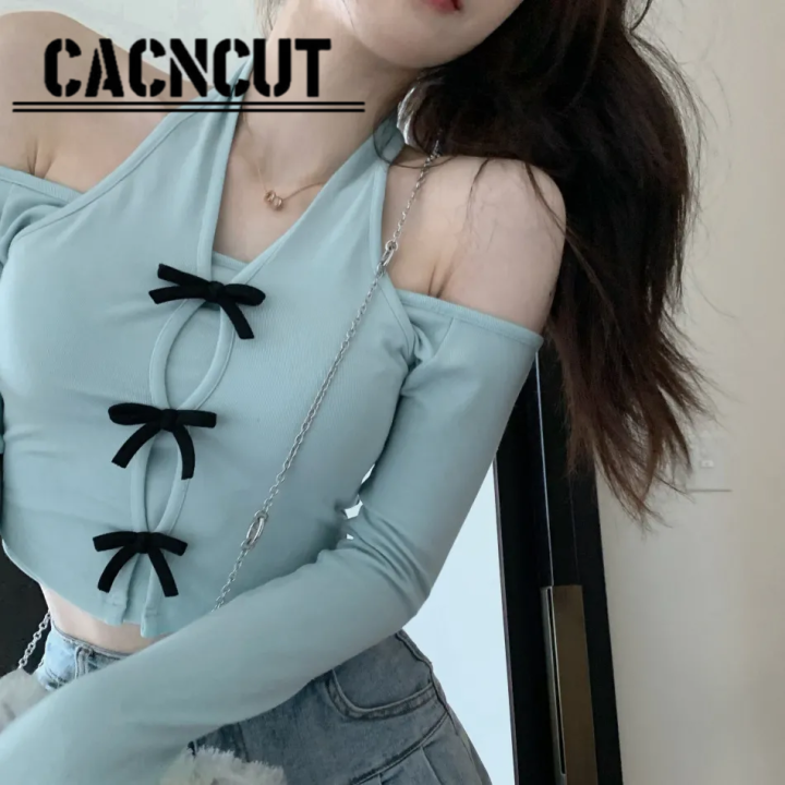 cacncut-เสื้อยืดแขนยาวบางเฉียบแบบเซ็กซี่-เสื้อห้อยคอเสื้อเปิดไหล่เส้นเดียวสไตล์สั้นของผู้หญิงฤดูร้อน