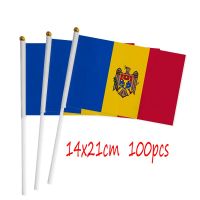 ZXZ moldova hand Flag 100pcs 14*21cm Polyester Double Side Printing moldova MD Hand waving Flag with plastic flagpole