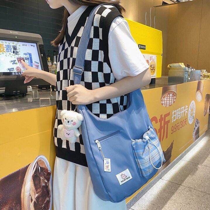 koreafashionshop-kr1726-กระเป๋าสะพายข้างป้าย-kai-bo-bag-ช่องใสของลายสก็อต-ใบใหญ่-มีพวงกุญแจแถมให้