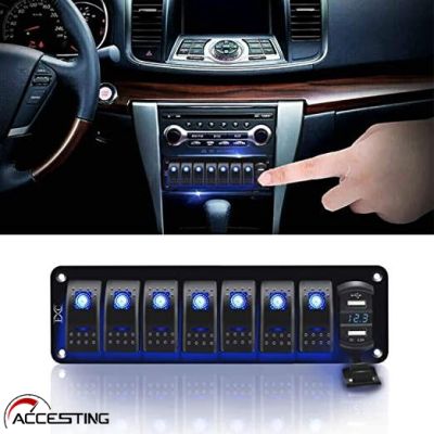 (READY STOCK)7 Switch 12V/24V Rocker Switch Panel Kit with Waterproof Blue LED Circuit Breaker and Dual USB Charging Port