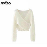 Aproms Pink Fluffy Knitted Sweater Women Autumn Winter V-neck Wrap Front Basic Cropped Pullovers Fashion Outerwear Jumper