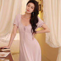 Ao Dai เจ้าหญิงหวานสไตล์ Modal แขนสั้นชุดนอนผู้หญิงฤดูร้อนนุ่มยาวเหนือเข่าชุดนอนนุ่มผิวเหนียวสามารถสวมใส่ด้านนอก ใหม่