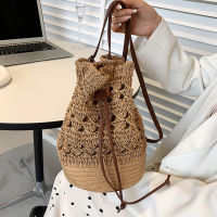 Women Hand- Straw Rattan Bucket Tote Drawstring Shoulder Messenger Bags Casual Travel Handbags for Women