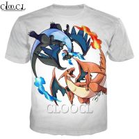 CLOOCL เสื้อยืดอะนิเมะโปเกมอน Charizard 3D แขนสั้นผู้ชายผู้หญิงสไตล์ตามท้องถนนคอกลม