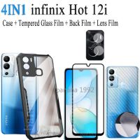 4in1 Shock Proof Case สำหรับ Infinix Hot 12i 12 I Hot 12 Play Hot 11 Play Hot 11S ฟิล์มกระจกนิรภัยและผิวคาร์บอนและฟิล์มเลนส์กล้อง