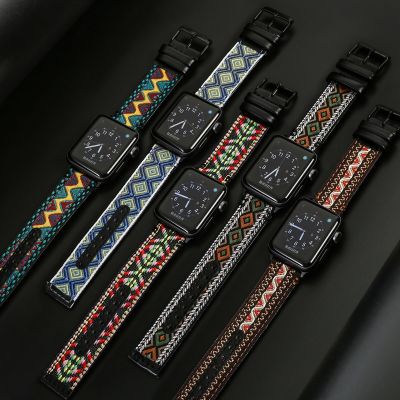 【YP】 Wind Fabric Genuine Leather strap for apple watch band 42mm 38mm 44mm 40mm iwatch series 5/4/3/2/1 bracelet Accessories