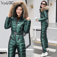 Volemo ชุดสกีผู้หญิงแจ็คเก็ตฤดูหนาว Hooded Parka Jumpsuit ผู้หญิงบอดี้สูท Sashes Jumpsuits ซิป Overalls Tracksuits