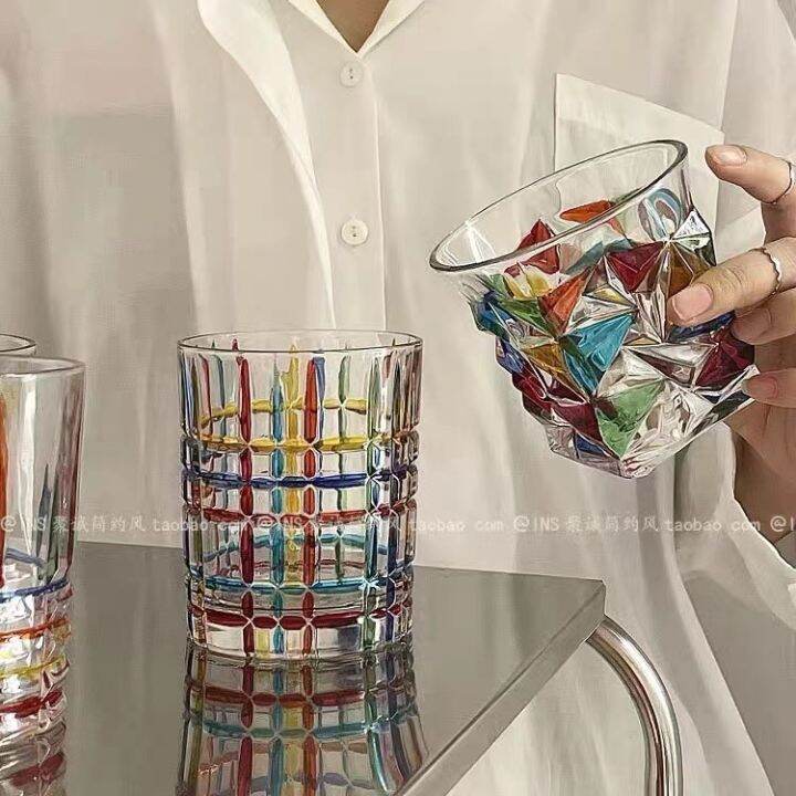 italian-designer-with-the-same-hand-painted-middle-aged-glass-whiskey-cup-reflect-rainbow-luster-painted-water