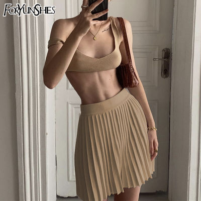 FORYUNSHES 2 Piece Set Knitted Women Ribbed Pleated Mini Skirt Sets Summer Sexy Bodycon Corset Top High Waist Beach Skirts Suit